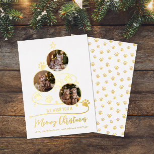 Tarjeta Festiva Con Relieve Metalizado Meowy Christmas Tree Cat 3 Fotos Mascotas