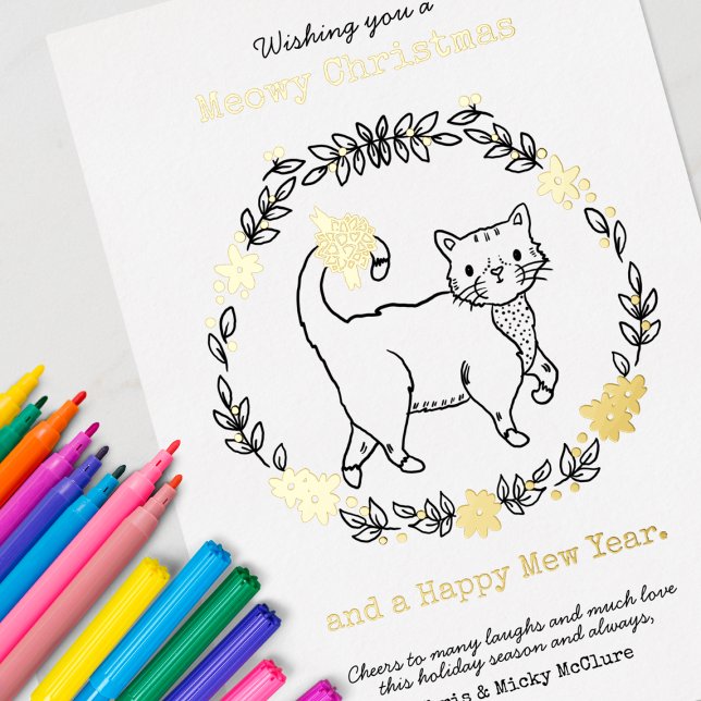 Tarjeta Festiva Con Relieve Metalizado Meowy Navidades adoran gato (Use markers for best results on these cute color-your-own cards!)
