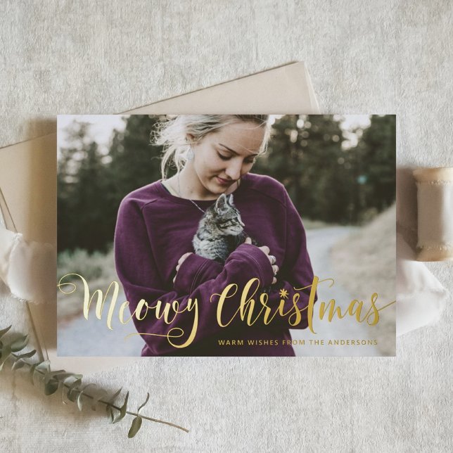 Tarjeta Festiva Con Relieve Metalizado Meowy Navidades Caligrafía Gato moderno de fotogra (Subido por el creador)