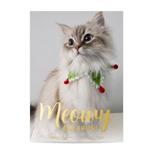 Tarjeta Festiva Con Relieve Metalizado Meowy y Bright en oro