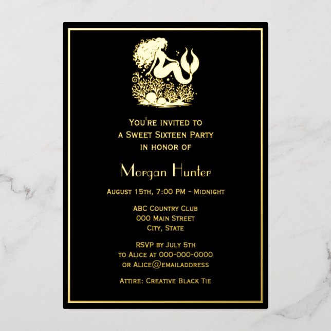 Tarjeta Festiva Con Relieve Metalizado Mermaid Flowing Hair Sea Life Sweet Sixteen (Anverso)