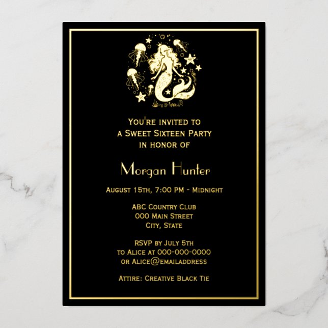 Tarjeta Festiva Con Relieve Metalizado Mermaid Flowing Hair Sea Life Sweet Sixteen (Anverso)