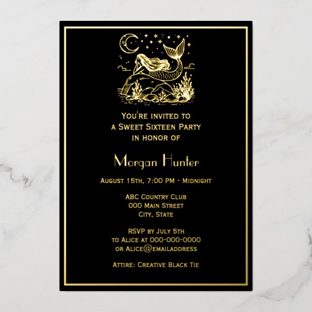 Tarjeta Festiva Con Relieve Metalizado Mermaid Lying on Rock Stars Moon Sweet Sixteen (Anverso)