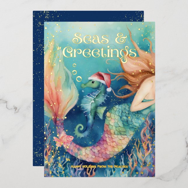Tarjeta Festiva Con Relieve Metalizado 🧜 ‍ ♀️ Mermaid & Seahorse Beach Navidades (Anverso/Reverso)