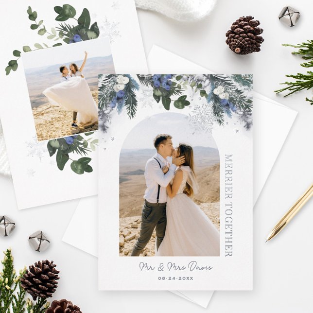 Tarjeta Festiva Con Relieve Metalizado Merrier Together Silver Blue Green Winter Floral (Subido por el creador)