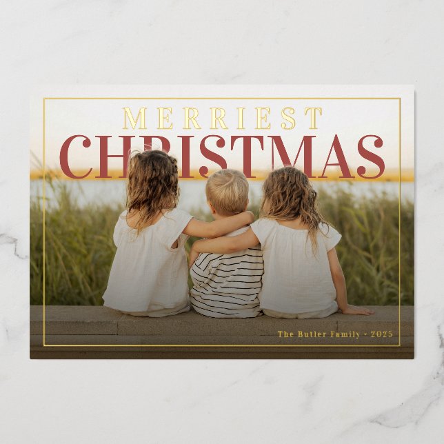 Tarjeta Festiva Con Relieve Metalizado Merriest Christmas Modern Photo (Anverso)