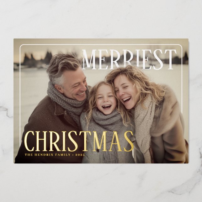 Tarjeta Festiva Con Relieve Metalizado Merriest Modern Christmas Photo (Anverso)