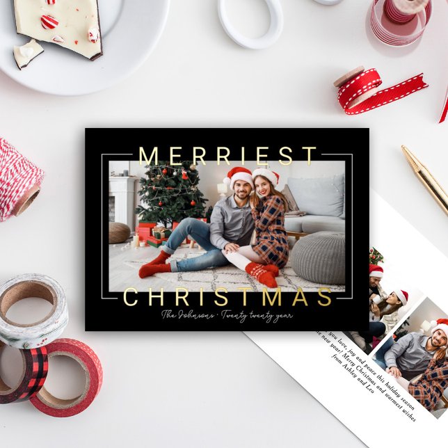 Tarjeta Festiva Con Relieve Metalizado Merriest Modern Gold Text Black Photo (Subido por el creador)