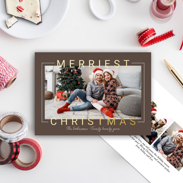 Tarjeta Festiva Con Relieve Metalizado Merriest Modern Gold Text Brown Photo (Subido por el creador)