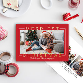 Tarjeta Festiva Con Relieve Metalizado Merriest Modern Gold Text Red Photo