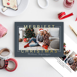 Tarjeta Festiva Con Relieve Metalizado Merriest Modern Gold Text Slate Blue Photo