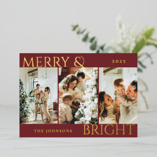 Tarjeta Festiva Con Relieve Metalizado Merry and Bright 3 Photo Collage Minimal Red