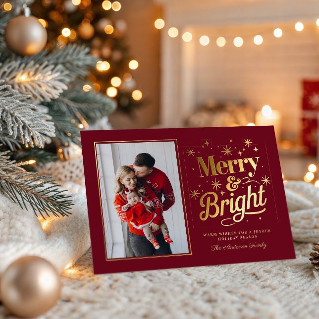 Tarjeta Festiva Con Relieve Metalizado Merry And Bright Christmas Holiday Family (Subido por el creador)