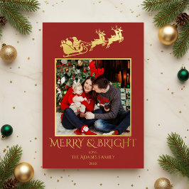 Tarjeta Festiva Con Relieve Metalizado Merry and Bright Santa Sleigh Family Photo