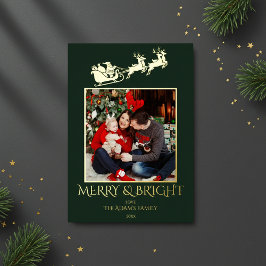 Tarjeta Festiva Con Relieve Metalizado Merry and Bright Santa Sleigh Family Photo