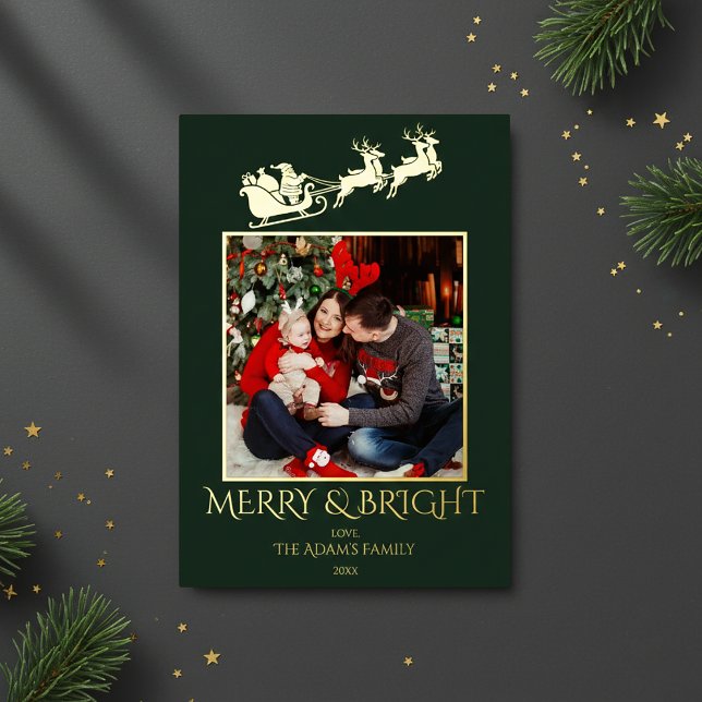 Tarjeta Festiva Con Relieve Metalizado Merry and Bright Santa Sleigh Family Photo  (Subido por el creador)