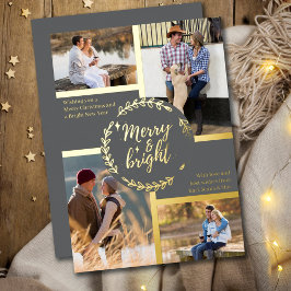 Tarjeta Festiva Con Relieve Metalizado Merry & Bright 4 Photo Collage Grey and Gold