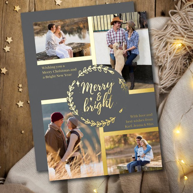 Tarjeta Festiva Con Relieve Metalizado Merry & Bright 4 Photo Collage Grey and Gold (Subido por el creador)