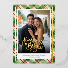 Tarjeta Festiva Con Relieve Metalizado Merry Bright Couple Christmas Plaid