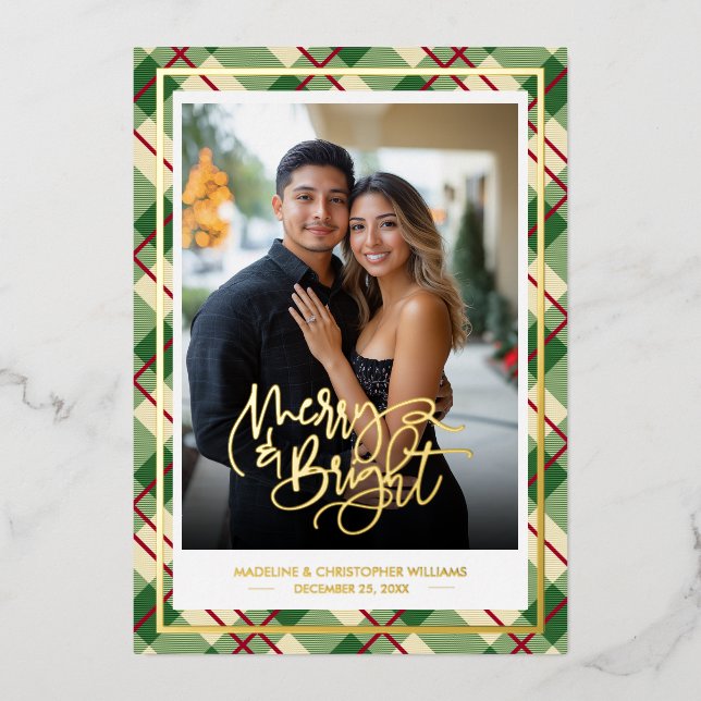 Tarjeta Festiva Con Relieve Metalizado Merry Bright Couple Christmas Plaid (Anverso)