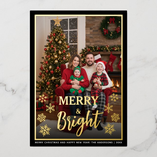 Tarjeta Festiva Con Relieve Metalizado Merry & Bright Family Photo & Snowflakes Christmas (Anverso)