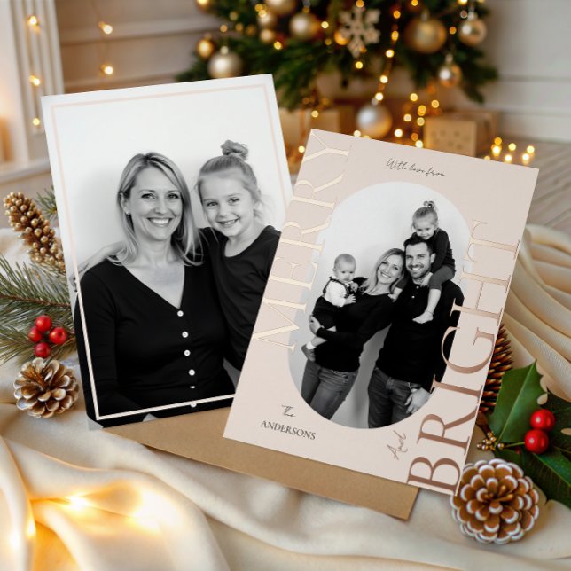 Tarjeta Festiva Con Relieve Metalizado Merry & Bright Modern Photo Elegant Christmas (Merry & Bright Modern Photo Elegant Christmas Foil Holiday Card)
