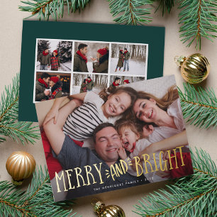 Tarjeta Festiva Con Relieve Metalizado Merry & Bright + Photo Collage Back