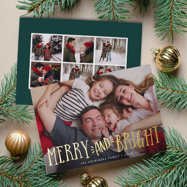 Tarjeta Festiva Con Relieve Metalizado Merry & Bright + Photo Collage Back | (Subido por el creador)