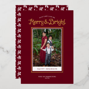 Tarjeta Festiva Con Relieve Metalizado Merry Bright Red Elegant Photo Gold