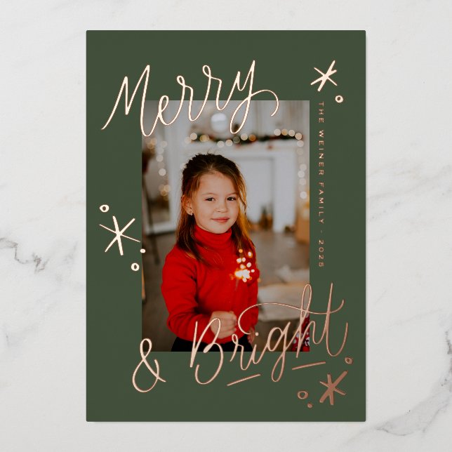 Tarjeta Festiva Con Relieve Metalizado Merry & Bright Snowflake Lettered Photo Overlay (Anverso)