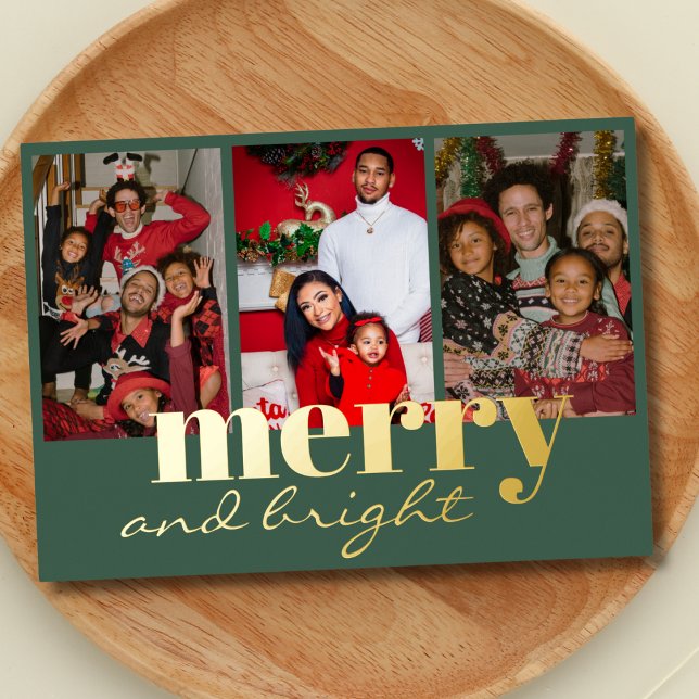 Tarjeta Festiva Con Relieve Metalizado Merry Bright Three Photo green (Subido por el creador)