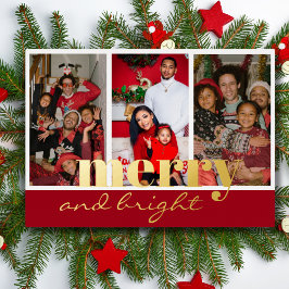 Tarjeta Festiva Con Relieve Metalizado Merry Bright Three Photo Red and gold