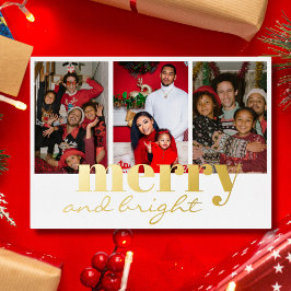 Tarjeta Festiva Con Relieve Metalizado Merry Bright Three Photo White y gold