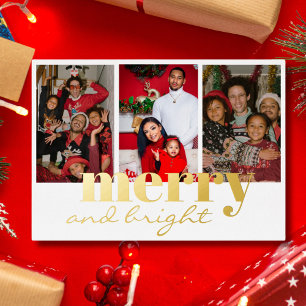 Tarjeta Festiva Con Relieve Metalizado Merry Bright Tres Fotos Blanco y dorado