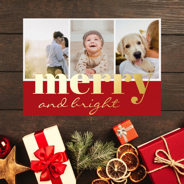 Tarjeta Festiva Con Relieve Metalizado Merry Bright Tres fotos Navidades rojos blancos (merry and bright elegant modern script wine red real gold foil 3 photo collage christmas card)