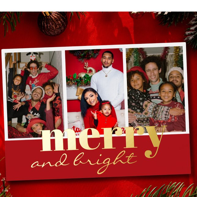 Tarjeta Festiva Con Relieve Metalizado Merry & Bright Tres fotos Rojo y oro (Subido por el creador)