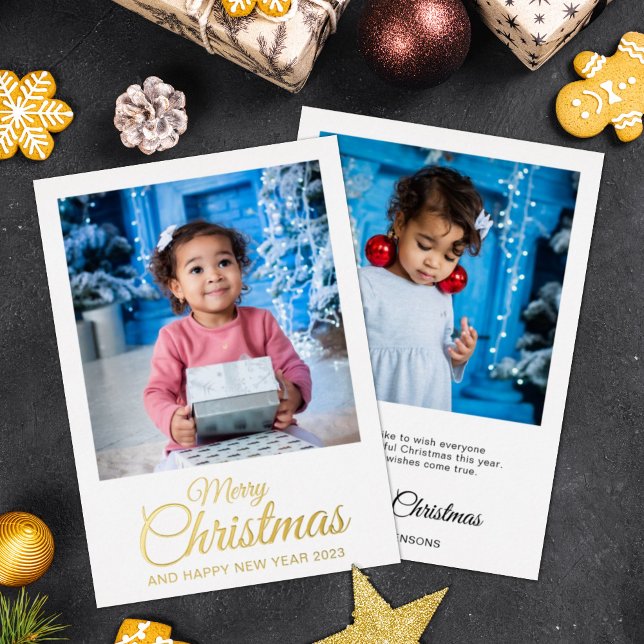 Tarjeta Festiva Con Relieve Metalizado Merry Christmas 2 photos elegant script gold  (Subido por el creador)