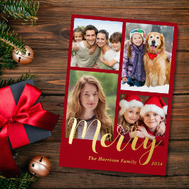 Tarjeta Festiva Con Relieve Metalizado Merry Christmas 4 Photo Red