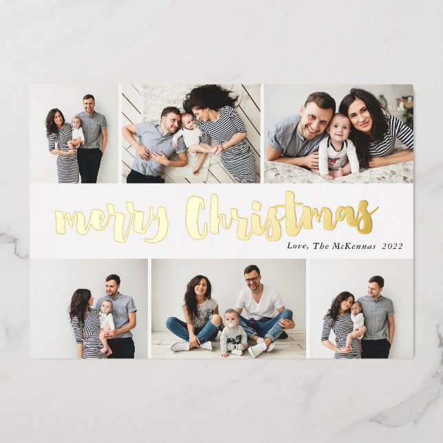 Tarjeta Festiva Con Relieve Metalizado Merry Christmas 6 Photo Gold (Anverso)