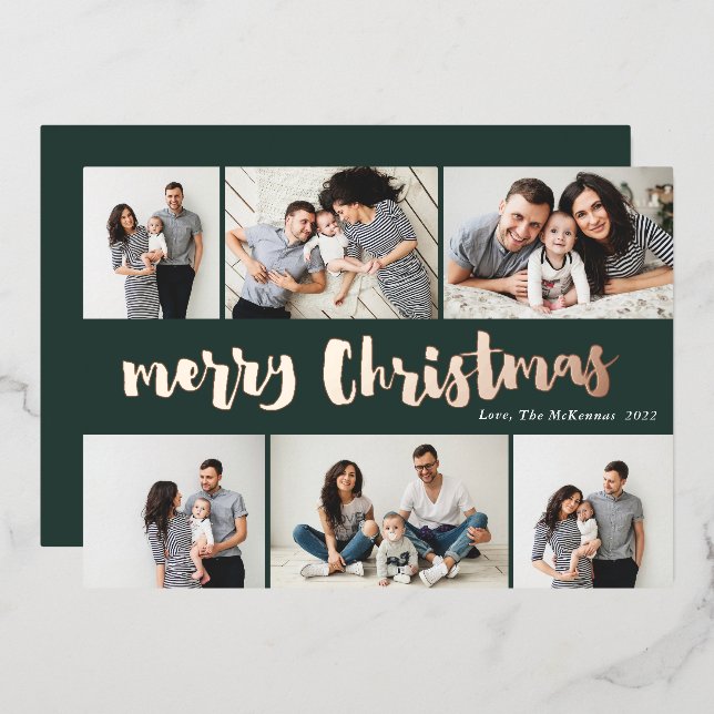 Tarjeta Festiva Con Relieve Metalizado Merry Christmas 6 Photo Rosa Gold escrito a mano (Anverso/Reverso)