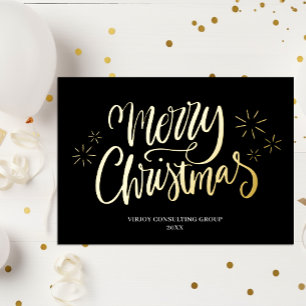 Tarjeta Festiva Con Relieve Metalizado Merry Christmas Black Gold Calligraphy Business