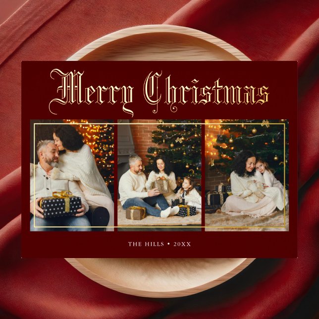 Tarjeta Festiva Con Relieve Metalizado Merry Christmas Blackletter Photo Red (Subido por el creador)