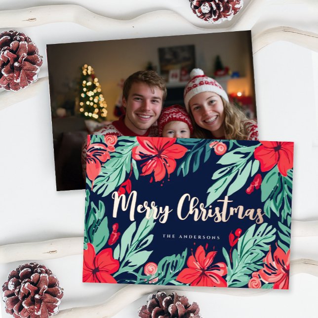 Tarjeta Festiva Con Relieve Metalizado Merry Christmas Blue Red Elegant Botanical Photo (Subido por el creador)