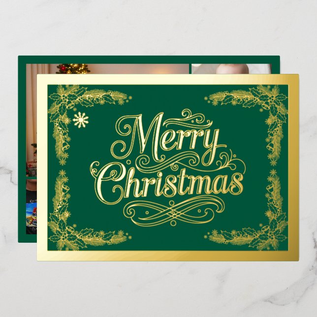 Tarjeta Festiva Con Relieve Metalizado Merry Christmas Classic Script Green (Anverso/Reverso)