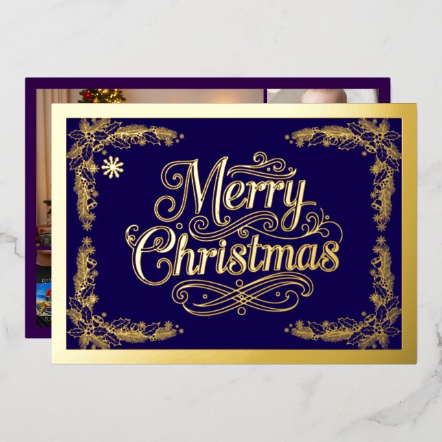 Tarjeta Festiva Con Relieve Metalizado Merry Christmas Classic Script Purple (Anverso/Reverso)