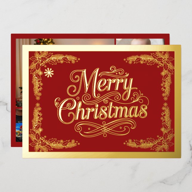 Tarjeta Festiva Con Relieve Metalizado Merry Christmas Classic Script Red (Anverso/Reverso)