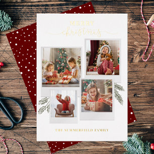 Tarjeta Festiva Con Relieve Metalizado Merry Christmas Collage de fotos Script Gold
