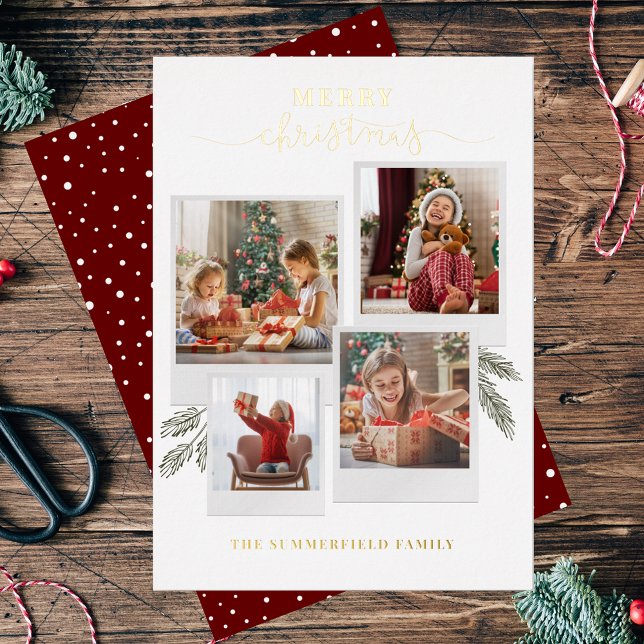Tarjeta Festiva Con Relieve Metalizado Merry Christmas Collage de fotos Script Gold (Christmas Greetings Grand Kids Photo Collage Card)
