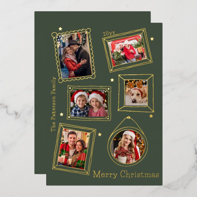 Tarjeta Festiva Con Relieve Metalizado Merry Christmas Doodle Frame Multi Photo (Anverso/Reverso)