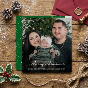 Tarjeta Festiva Con Relieve Metalizado Merry Christmas Elegante Escritura Blanca Foto Fam